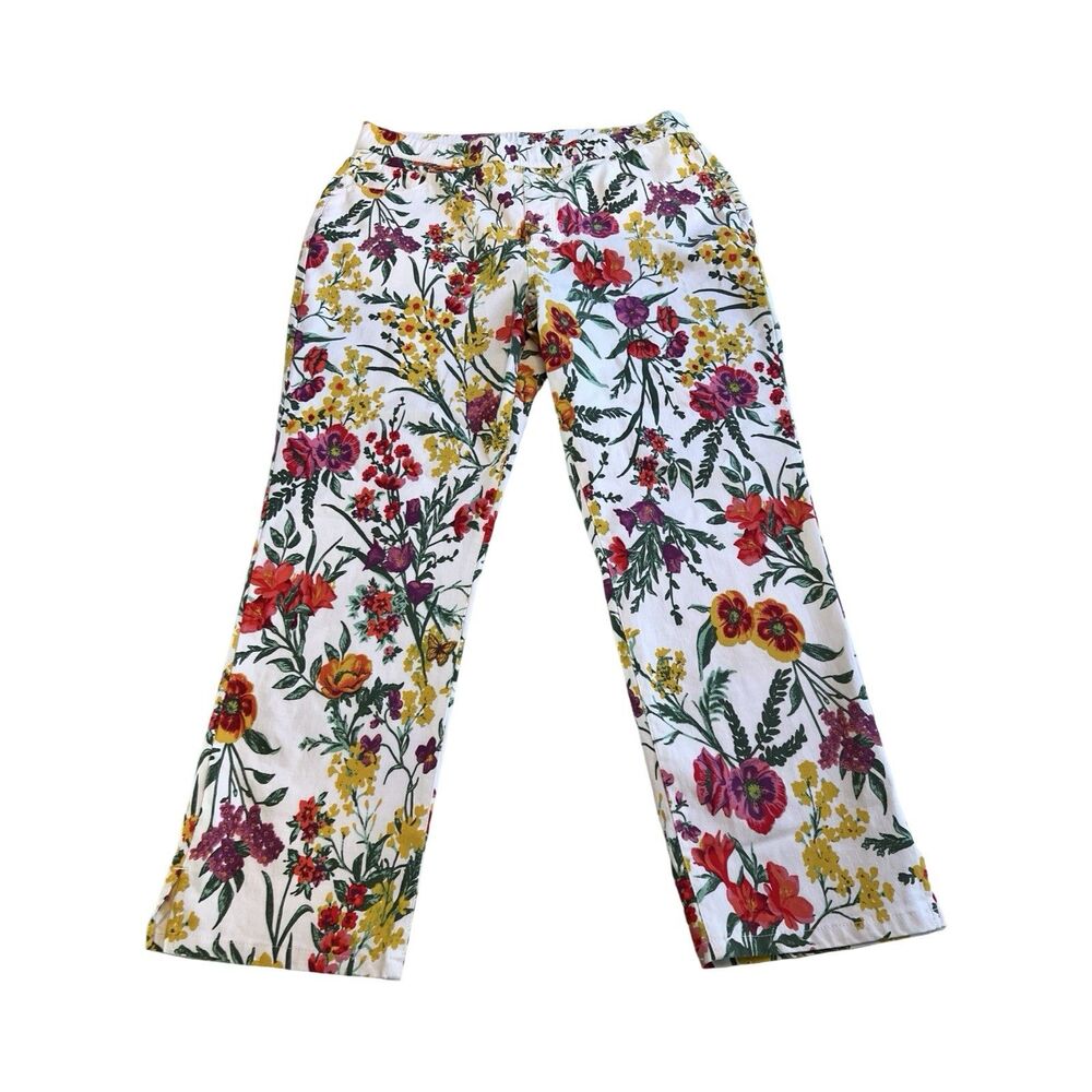 Susan Graver Womens Floral Print Straight Leg Pants White Multicolor Size 10